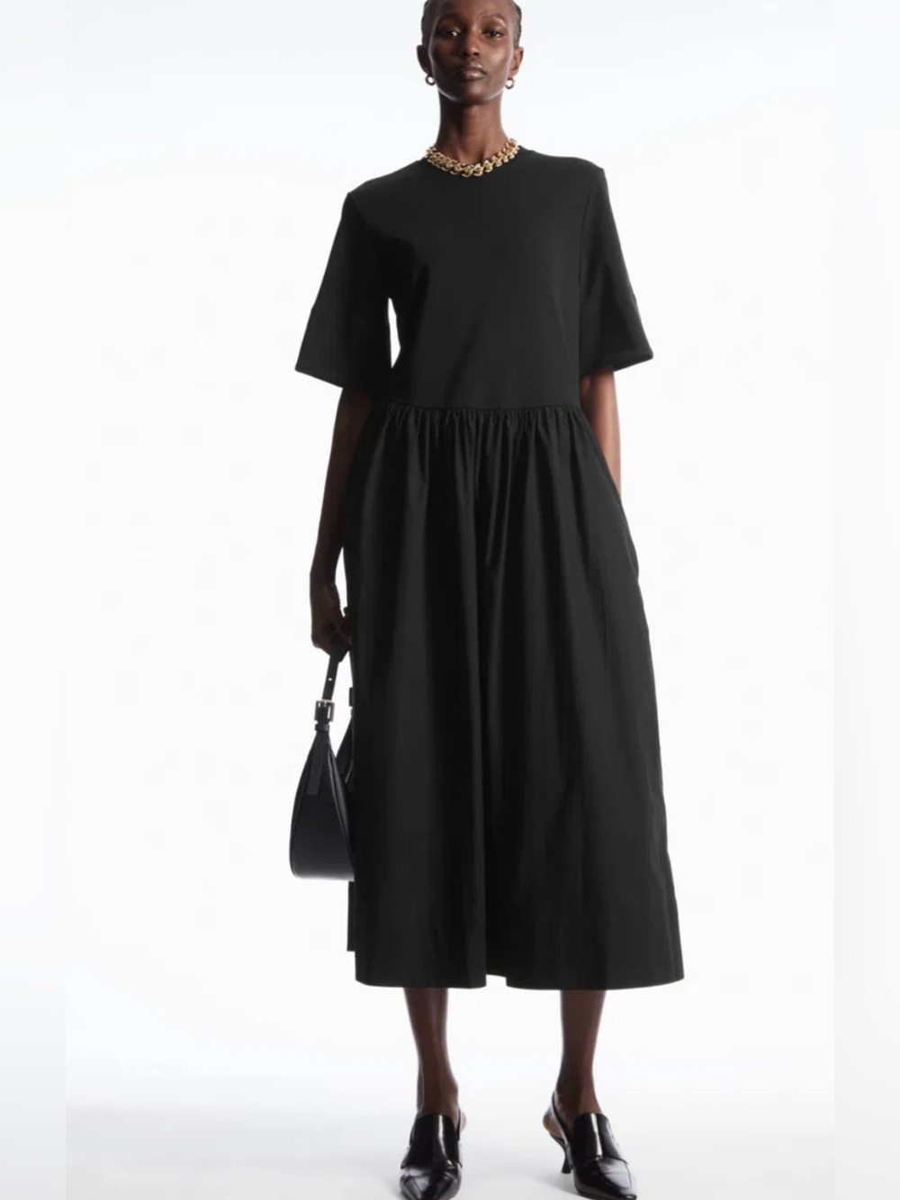 COS Black Short Sleeve Gathered-Waist Midi Dress size M Preppy Summer dress
